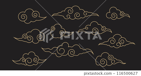 Japanese cloud set, asian traditional wavy curly ornament. China ornament, eastern decoration doodle, line. Clouds flow with the wind in the sky . Japanese cloud set, asian traditional wavy curly ornament. China ornament, eastern decoration doodle, line. Clouds flow with the wind in the sky . 116500627