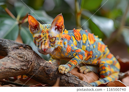Cat-Chameleon Hybrid (Camo-Cat): This mischievous explorer combines feline agility with the ability to blend into any background 116500740