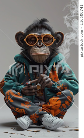 monkey lotus position smoking a cigar Cartoon style Concept of mindfulness and zen illustration 116500741