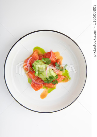 Salmon and avocado salad. Avocado puree. Healthy food. An isolated object.Photo on a white background for the menu.Vertical photo.Flat lay.Top view.Copy space. Salmon and avocado salad. Avocado puree. Healthy food. An isolated object.Photo on a white background for the menu.Vertical photo.Flat lay.Top view.Copy space. 116500805
