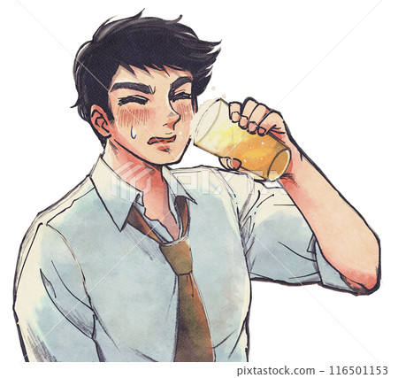 A manga-style illustration of a man who is a non-drinker and is forcing himself to drink beer A manga-style illustration of a man who is a non-drinker and is forcing himself to drink beer 116501153