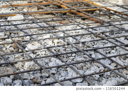 Reinforcement before pouring concrete with foundation pile, concrete floor Reinforcement before pouring concrete with foundation pile, concrete floor 116501244