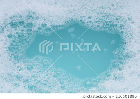 Detergent foam bubble on water. Blue background, Soap sud 116501890