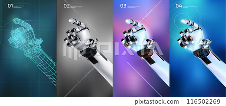 A 3D robot hand variation on a beautiful abstract background. A 3D robot hand variation on a beautiful abstract background. 116502269
