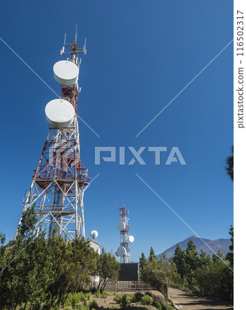 Transmitter, Telecommunications at top of Cruz de Gala peak, Teno mountain range, Tenerife, Canary Islands, Spain, Europe. 116502317