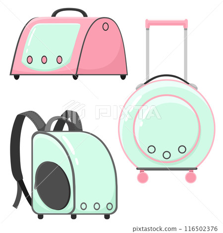 Animal carriers. Transport boxes for animals. Travel with animals. Collection of flat hand drawn illustrations. 116502376