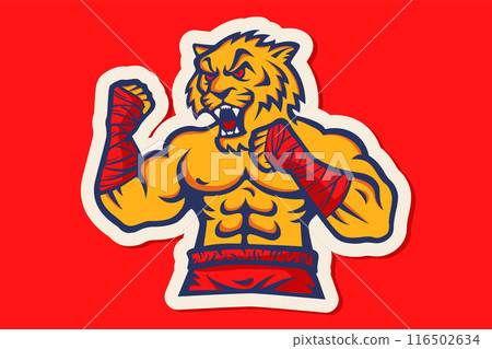 Vector template sport logo for fighting club with angry muscular tiger. Vector sport logo with tiger for Muay Thai club. Vector template sport logo for fighting club with angry muscular tiger. Vector sport logo with tiger for Muay Thai club. 116502634