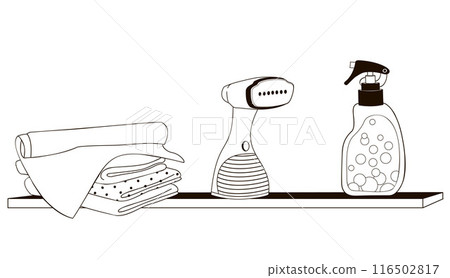 hand steamer, clean laundry and detergent on the shelf hand steamer, clean laundry and detergent on the shelf 116502817