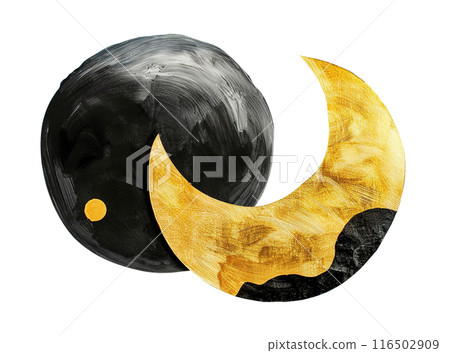 Black and golden circular shapes with beautiful texture, isolated on white background for versatile use. Moon. Minimalist Nordic style. Cut out graphic design elements. Generative AI. 116502909
