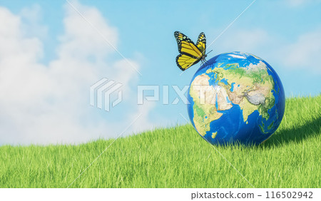 Earth globe and butterfly on green grass with blue sky. Eco concept. 3d rendering Earth globe and butterfly on green grass with blue sky. Eco concept. 3d rendering 116502942