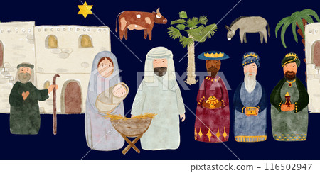 Christmas nativity scene seamless border in watercolor on dark blue background. Illustration for calendar, banners, wrapping paper, textile, Christmas, advent, tape, stickers, posters and totes design 116502947