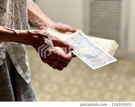 拿著信封和10,000日元鈔票的年長婦女 116503001