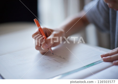 一名小學生解決文字問題的手的特寫照片 116503577
