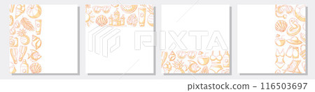 Set of summer minimalist square card, monochrome orange beach elements, accessories icons. Left, right side, upper, bottom border frame, copy space, isolated on white. For banner, invitation, poster Set of summer minimalist square card, monochrome orange beach elements, accessories icons. Left, right side, upper, bottom border frame, copy space, isolated on white. For banner, invitation, poster 116503697