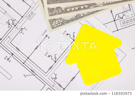 Dollar banknotes, diagrams of electric installation and shape of house Dollar banknotes, diagrams of electric installation and shape of house 116503973