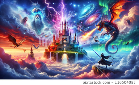A man challenges a fire-breathing dragon against a night sky lit by the aurora borealis. Fantasy illustration 116504085