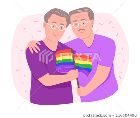 Senior Gay Men Couple Holding the LGBT Rainbow Flag for Gay Pride Celebration Concept Illustration 116504490