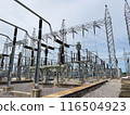 230 kV power system switchyard comprising breaker, current transformer, disconnecting switch, and take-off structure 116504923