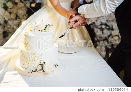 Happy newlyweds cutting their wedding cake 116504934