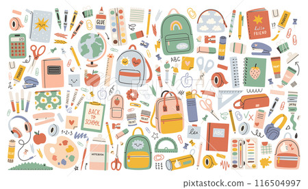 School stationery and Art Supplies Set, cartoon. Kawaii accessories for study, student equipment. Back to school. School stationery and Art Supplies Set, cartoon. Kawaii accessories for study, student equipment. Back to school. 116504997