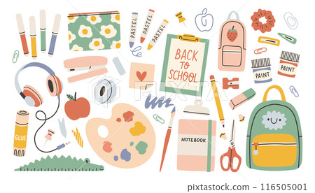 School stationery and Art Supplies Set, cartoon. Kawaii accessories for study, student equipment. Back to school. School stationery and Art Supplies Set, cartoon. Kawaii accessories for study, student equipment. Back to school. 116505001
