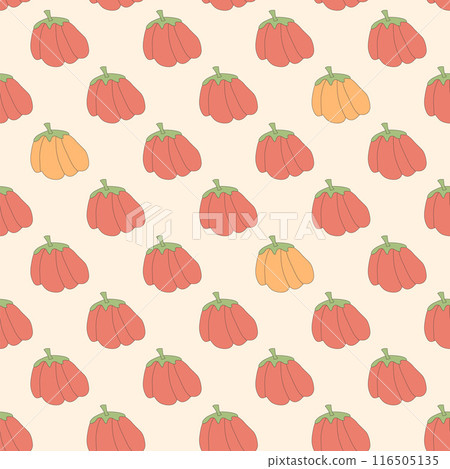 Pumpkins seamless pattern. Stylized autumn harvesting repeat background. Vector line art flat illustration. Pumpkins seamless pattern. Stylized autumn harvesting repeat background. Vector line art flat illustration. 116505135