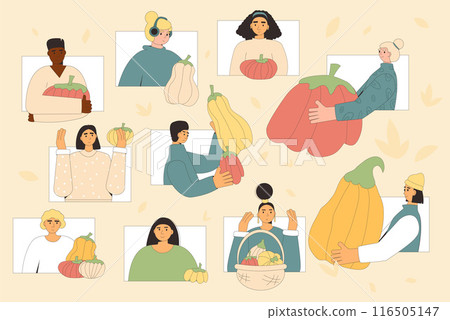 People with pumpkins set. Autumn vegetables harvest characters event. Vector outline illustration. 116505147