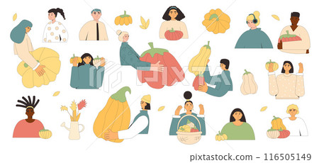 People with pumpkins set. Autumn ripe vegetables harvest characters. Vector outline illustration isolated on white background. 116505149