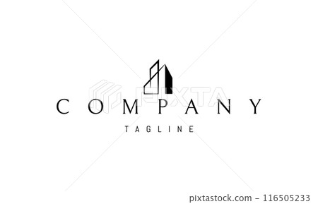 A vector logo with an abstract image of an architectural drawing of a modern house. A vector logo with an abstract image of an architectural drawing of a modern house. 116505233