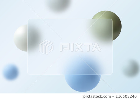 Website landing page template. Glass morphism style. Frosted glass partition with floating spheres in blue, gray and beige. 116505246