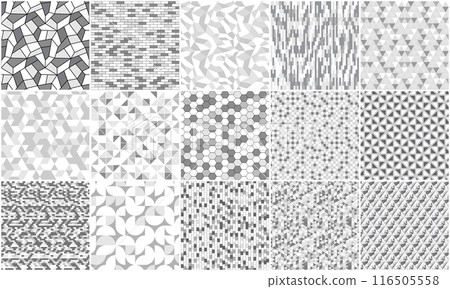 Collection of white and gray geometric patterns. Monochrome mosaic seamless backgrounds. Vector repeatable tile textures Collection of white and gray geometric patterns. Monochrome mosaic seamless backgrounds. Vector repeatable tile textures 116505558