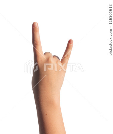 Kids hand, rock horns sign. Gesture symbol, finger punk rocker, concert. Musician signal, POV. Index Kids hand, rock horns sign. Gesture symbol, finger punk rocker, concert. Musician signal, POV. Index 116505618