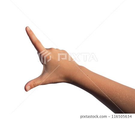 Kids hand holding something big huge invisible between two fingers, isolated on white background Kids hand holding something big huge invisible between two fingers, isolated on white background 116505634