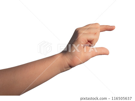Childs hand holding something invisible between two fingers, isolated on white background 116505637