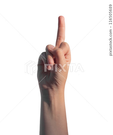 Rude gesture, symbol with middle finger, POV, first person view, hand sign isolated on white 116505689