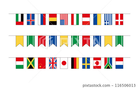 插圖集彩色花環與不同國家的旗幟橫幅。一系列帶有輪廓的國際旗幟。 116506013