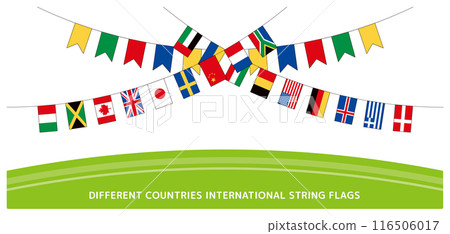 Illustration of overlapping world flag banners and colorful garlands. Interlocking international flags with main lines. Illustration of overlapping world flag banners and colorful garlands. Interlocking international flags with main lines. 116506017