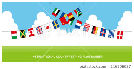 Flag banner of countries around the world overlapping on blue sky background. Illustration of a garland of linked international flags with main lines. Flag banner of countries around the world overlapping on blue sky background. Illustration of a garland of linked international flags with main lines. 116506027