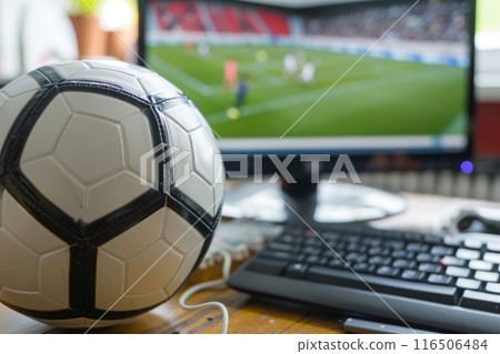 Football coach is evaluating statistics on a computer following a football game on television 116506484