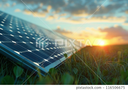 Solar panels harnessing clean energy from the setting sun 116506675