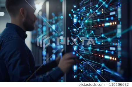 It engineer managing server racks in a data center with network visualization 116506682