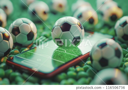 3d rendering of a soccer ball resting on a smartphone with other balls on green background 3d rendering of a soccer ball resting on a smartphone with other balls on green background 116506736