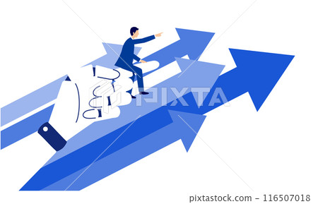 穿著西裝的商人騎在人工智慧的手指上，在人工智慧、平面插圖、向量的支持下前進 116507018