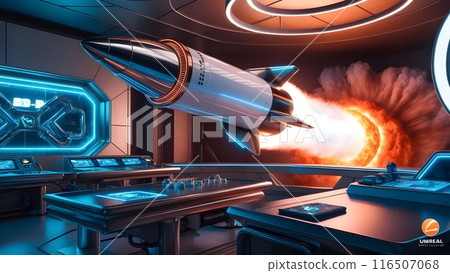 Futuristic rocket launch from a high-tech control room 116507068