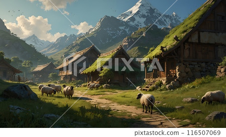 A picturesque mountain village with traditional wooden houses and a flock of sheep grazing in a green meadow. 116507069