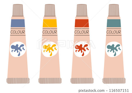 Paint tubes funny set, oil paint, acrylic, gouache or watercolour. Trendy modern vector illustration, isolated on background, hand drawn, flat 116507151