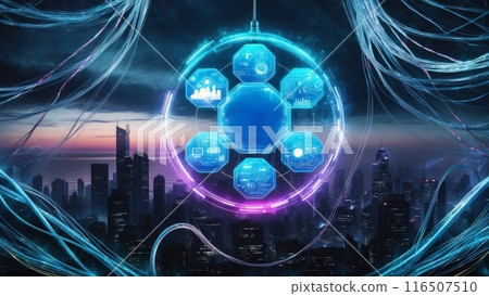 A futuristic cityscape with a glowing blue and purple circle in the center. 116507510