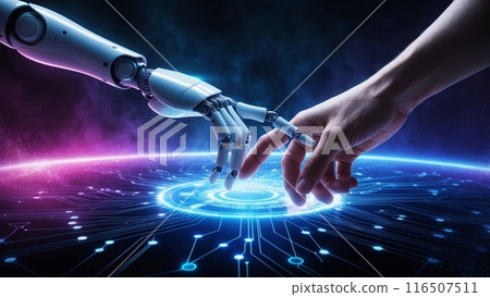 A photorealistic image of a human hand and a robot hand reaching out to touch each other. 116507511