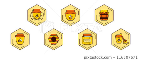 Set icon containers for honey, wooden honey dipper. Vector color pictogram. Glass jars honey. Spoon, barrel with honey. 116507671