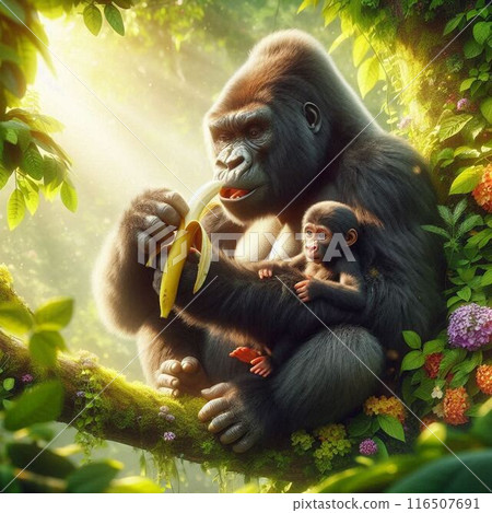 Gorilla parent and child eating banana 116507691